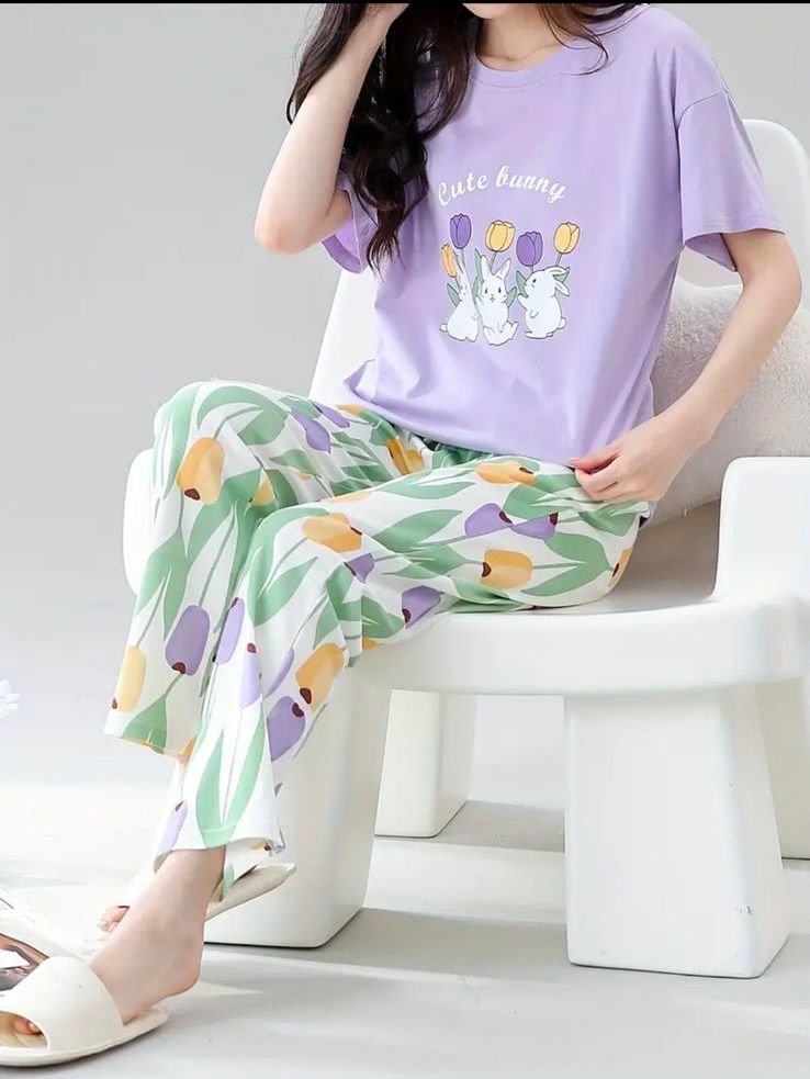 Lavender Bunny & Flowes Printed T-Shirt Trouser ( PJ Set )