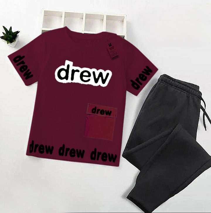 Maroon Summer Tracksuit Drew Style Shirt & Black Trouser For Baby & Baba ( 0099 )
