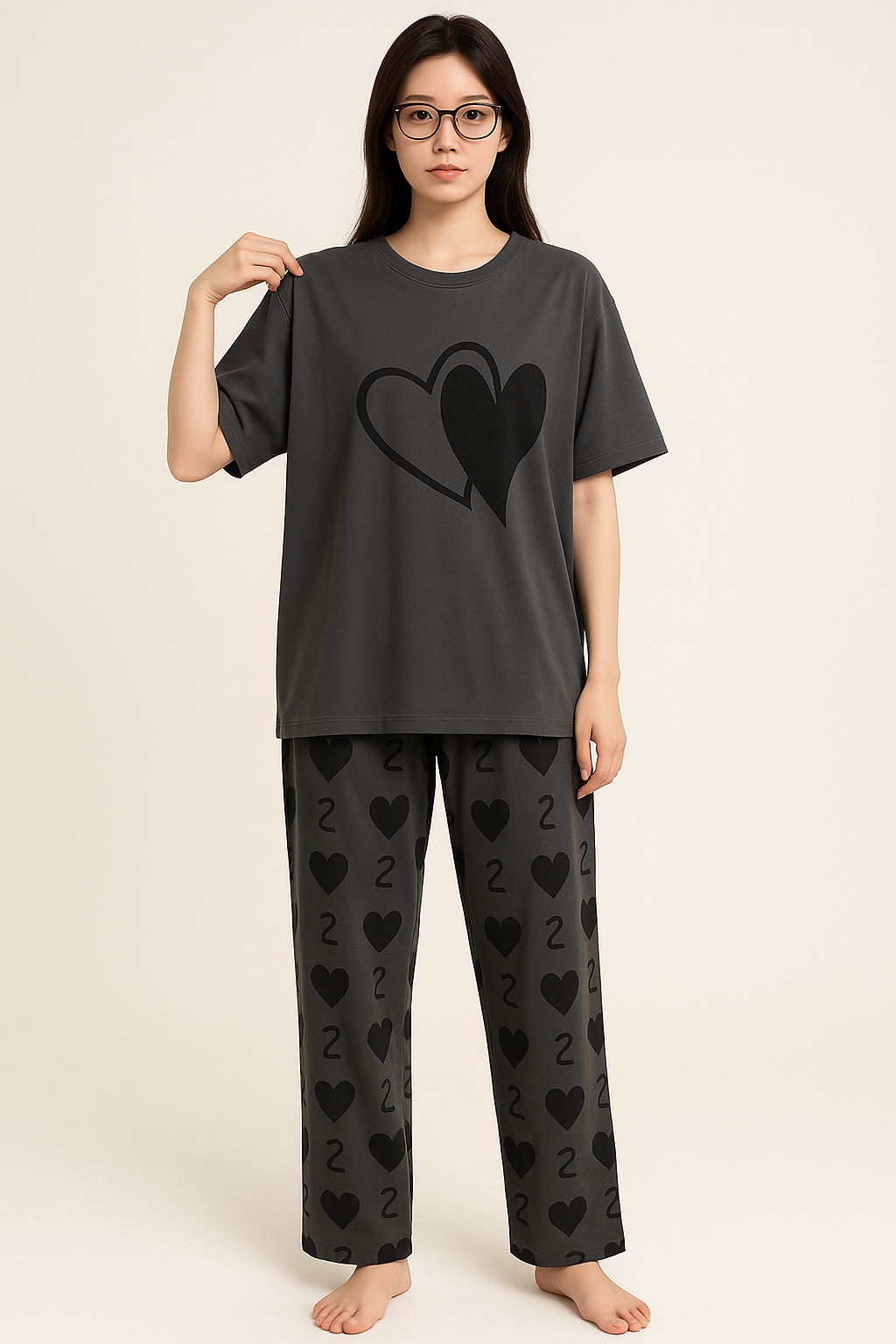 Grey Dual Hearts Shirt Trouser ( PJ Set )
