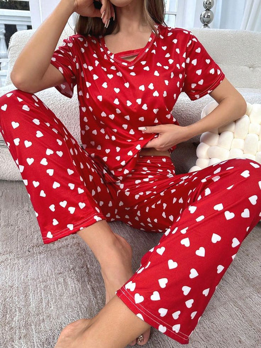 Red All Over Heart Style Shirt Trouser ( PJ Set )