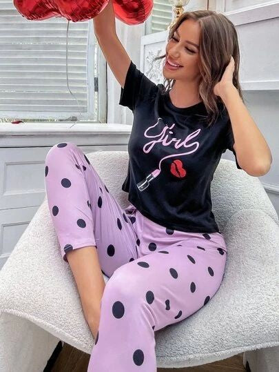 Black Girl with polka pajama Printed Night Wear Shirt & Trouser