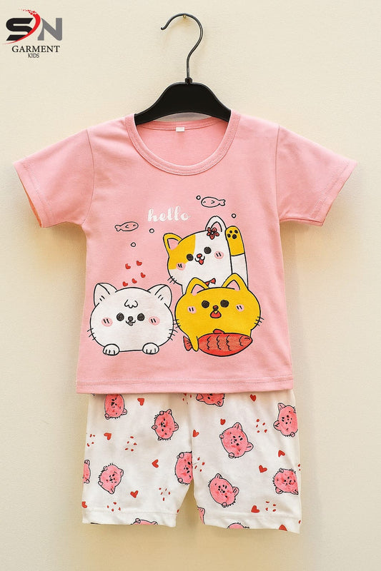Pink Hello Cat Style Summer Shirt & Trouser For Baby & Baba
