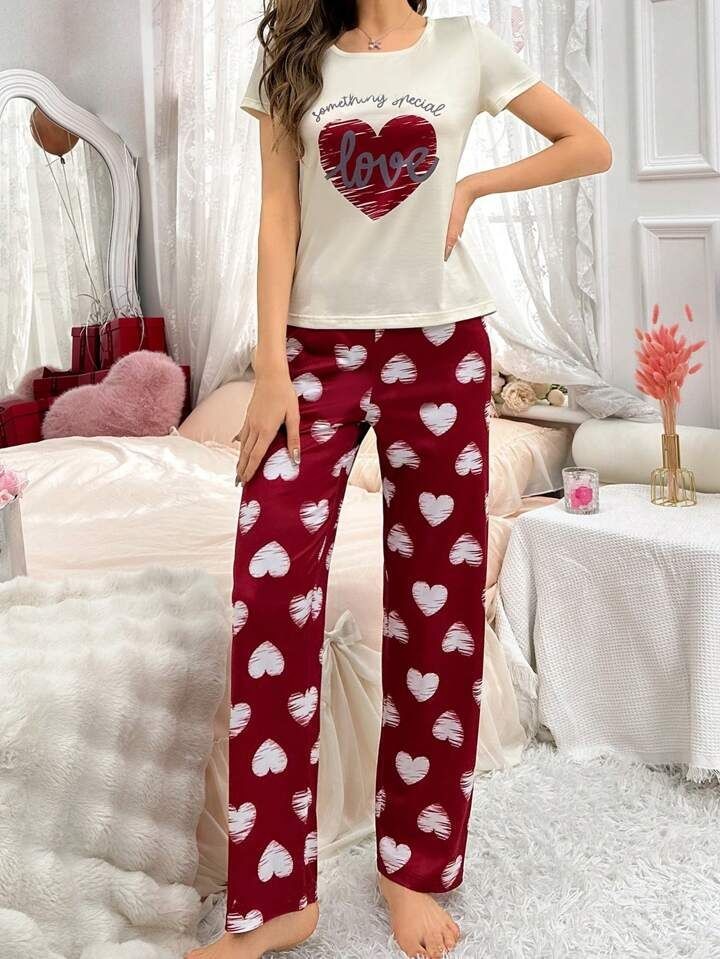 Off white Heart with Maroon Hearts pajama Printed Night Wear Shirt & Trouser