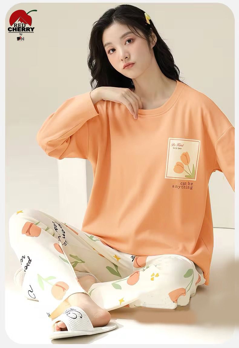 Orange Flowers Print Full Sleeves T-shirt & Trouser