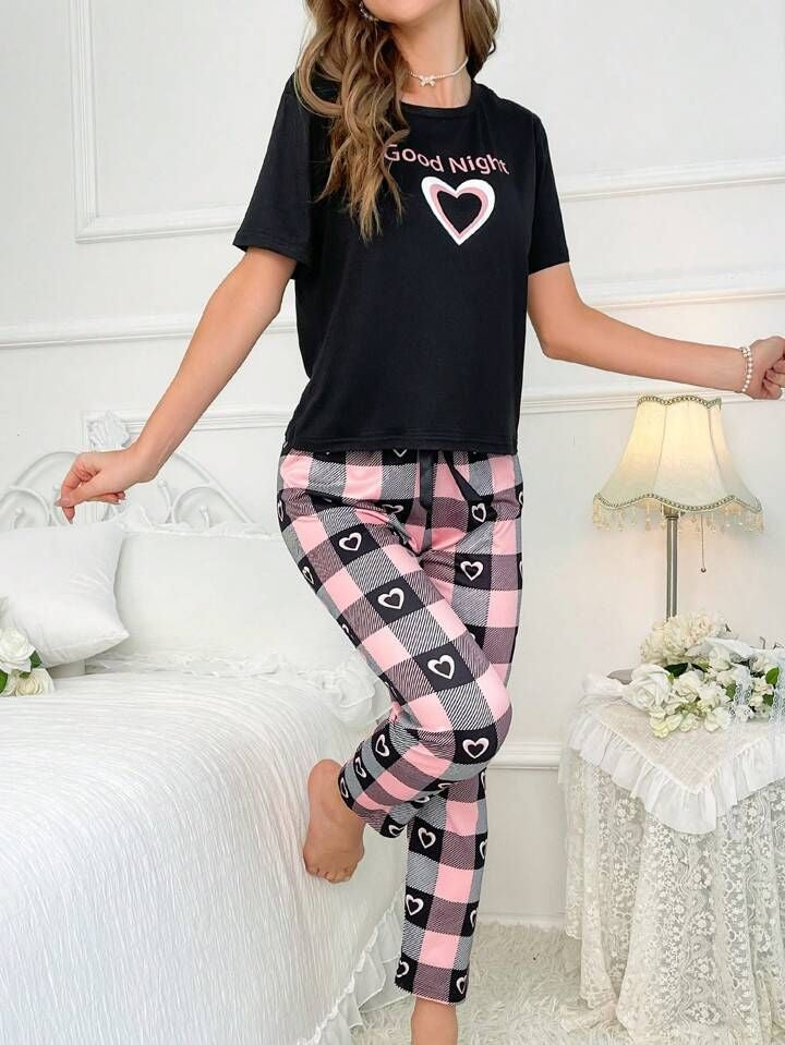 Black Good Night Hearts pajama Printed Night Wear Shirt & Trouser