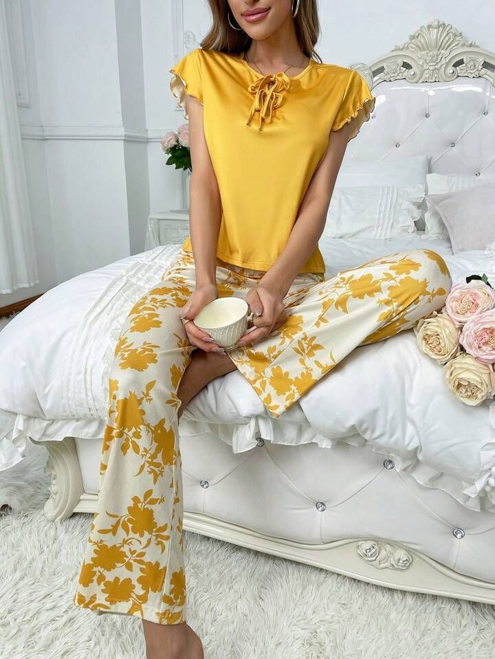 Yellow Flourish Style Shirt Trouser ( PJ Set )